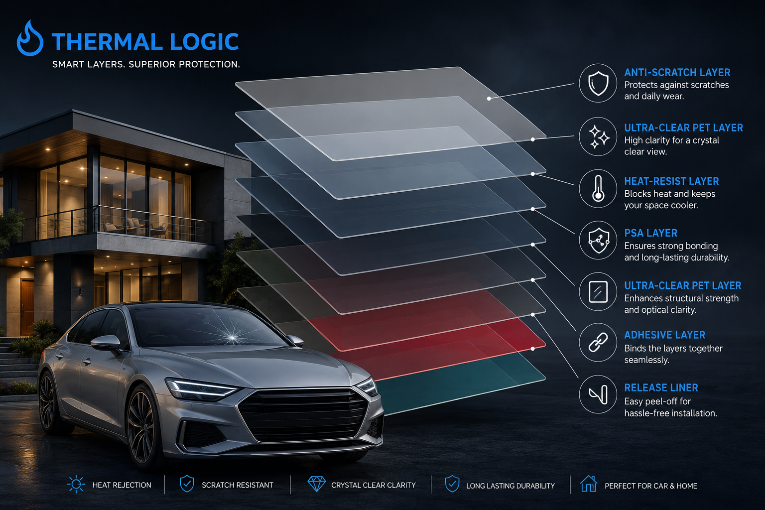 Thermal Logic nano-ceramic window film construction: anti-scratch hard coat, optical clarity PET layer, nano-ceramic heat-rejection layer, UV blocking layer, pressure-sensitive adhesive, and protective release liner.